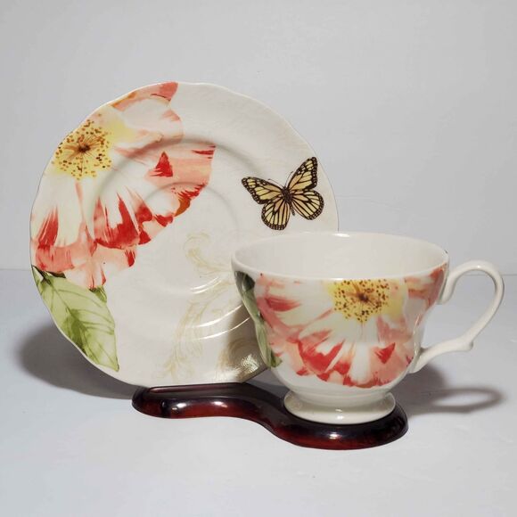 222 Fifth Teacup and Saucer Pink Flower Butterfly - Picture 1 of 10